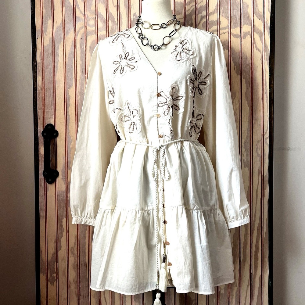 Zara Cream Embroidered Boho Mini Dress XXL Tiered Tassel Cottagecore NWT